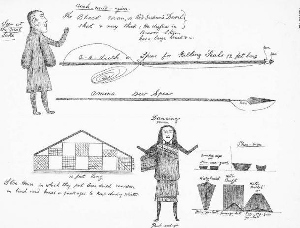 Beothuk drawings by Shanawdithit (the last known member of the Beothuk people) representing a variety of subjects