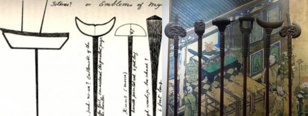 Right: Beothuk symbols on poles, Newfoundland Island. Left: Symbols on poles. Confucian museum. Beijing