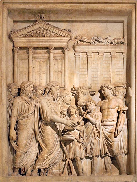 Bas relief showing Emperor Marcus Aurelius and his family offering sacrifice at the Temple of Jupiter on the Capitoline Hill. (MatthiasKabel / CC BY-SA 3.0)
