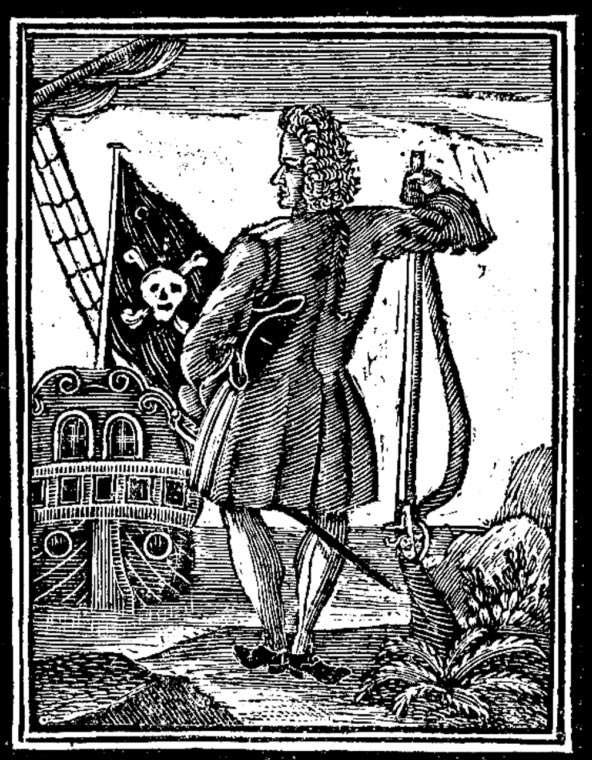 1725 woodcut of Stede Bonnet with a Jolly Roger. 