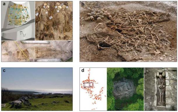Examples of a few archaeological Viking Age sites and samples used in the study, clockwise from top left: a) Salme II ship burial site, Estonia, b) Ridgeway Hill mass grave, England, c) Balladoole ship burial, Isle of Man, d) Viking Age site in Varnhem, Sweden . (Nature)