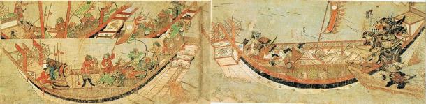 Japanese samurai boarding Mongol Yuan dynasty ships in 1281. (Public Domain)