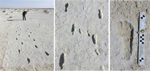 The photo shows the fossilized footprints of a double trackway. This is the remaining evidence of an outward and homeward journey of what is believed to have been a lone woman about 10,000 years ago. In the central image you can see child tracks in the middle of nowhere. (M. Bennett / Bournemouth University)