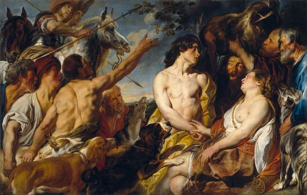 Painting by Jacob Jordaens showing the Greek goddess Atalanta, who is often painted equipped with a bow, spear, and dogs. (Public domain)