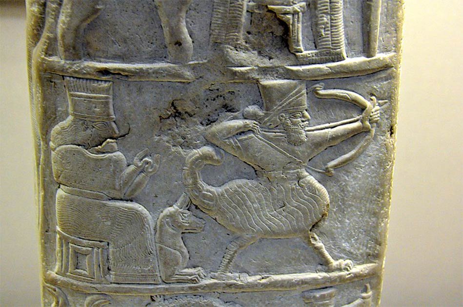 Left; Detail of the goddess Nintinugga, her dog, and a scorpion man from kudurru of Nebuchadnezzar granting Šitti-Marduk freedom from taxation. British Museum. (CC BY-SA 4.0). Right Public Domain)
