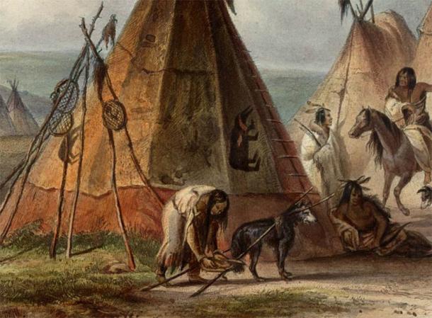 Detail from a Karl Bodmer painting showing a dog with a travois in an Assiniboine camp in the Great Plains. (Public domain)