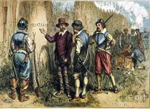 Painting by Englishman John White of Sir Walter Raleigh’s 1590 Expedition to Roanoke Island to find the Lost Colony, where they found “Croatoan” carved on a tree. This may refer to either Croatoan Island or the Croatoan people. (John White / Public domain)