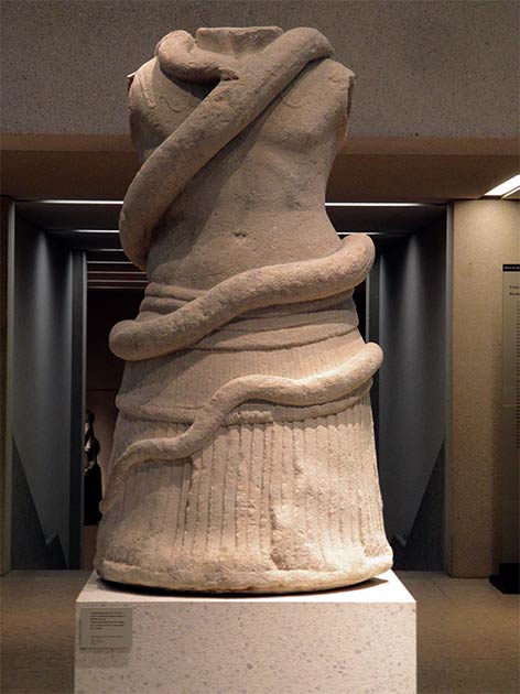 A tomb monument in the shape of a torso entwined by a snake, 1st century BC, Milet southwestern Turkey, which clearly links the snake with funerary practices in the Graeco-Roman period of Turkey, as the Greek snake altar of Patara does. (Carole Raddato from FRANKFURT, Germany / CC BY-SA 2.0)