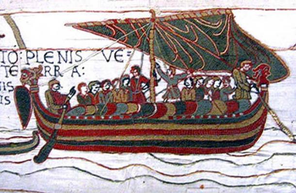 Tapestry embroidery featuring Viking Floki Vilgerdarsson and crew.