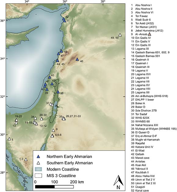 Archaeological sites attributed to the Early Ahmarian techno-cultural unit composed of the Northern Early Ahmarian (NEA) and Southern Early Ahmarian (SEA) groups. SEA sites include the Lagaman regional variant known in the Negev Desert and on the Sinai Peninsula. (Richter et al, 2020/PLOS ONE)