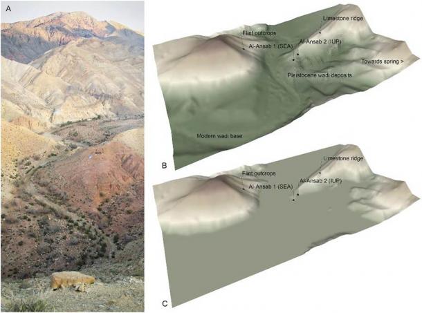 Topographic context of the Al-Ansab archaeological sites. (A) View of the Wadi Sabra from the South. Note the Al-Ansab 1 excavation site in the center of the photograph–(B) DTM elevation image of the Al-Ansab locality (South-to-North aspect)—(C) DTM elevation model of the topographic situation around 38,000 years ago, at the time of the Al-Ansab 1 settlement site located at the fringe of a wide river floodplain. (Richter et al, 2020/PLOS ONE)