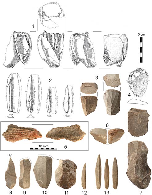 Artifacts from Al-Ansab 1: (1) Refitted blade core, (2) El-Wad points (3) blade cores, (4) end-scraper, (5) marine shell fragment with ochre staining, (6) marine shell fragment, (7) blade core (8) dihedral burin, (9, 10) end-scrapers, (11) burin and (12, 13) El-Wad points. (Richter et al, 2020/PLOS ONE)