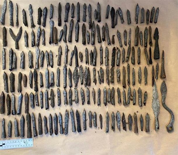 Many lead bullets and arrow heads were found in the large cache of stolen historical artifacts found in the suspect’s home in Poland. (KPP Wadowicach)