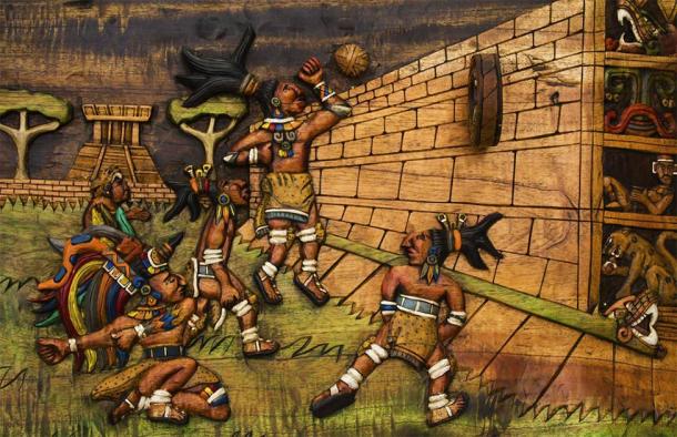 Representation of the ancient Mesoamerican ball game being played on the Great Ballcourt at Chichen Itza . (pop_gino /Adobe Stock)