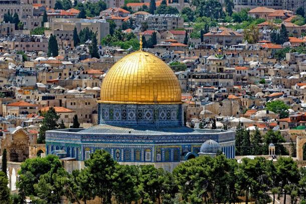The Dome of the Rock, perhaps the most recognizable Muslim shrine in the world due to its pure golden covering. (Bernhard /Adobe Stock) It currently stands where the ancient Jewish Temples once stood.