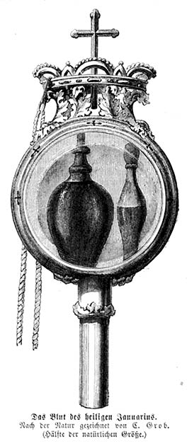 Drawing of the reliquary containing the two ampoules said to hold the blood of Saint Januarius. (Public domain)