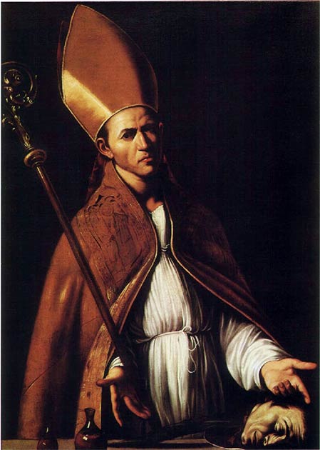 An early portrait of Saint Januarius. Note the two blood ampoules in the lower left corner. (Louis Finson / Public domain)