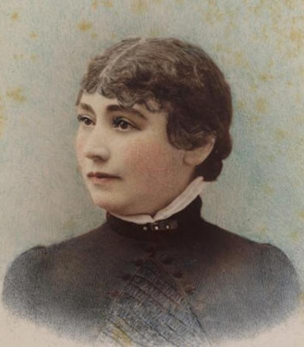 Hand-tinted ambrotype of Sarah Winchester taken in 1865 by the Taber Photographic Company of San Francisco, 1865.