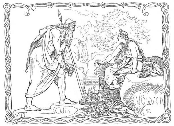 Odin and the Völva prophetess - Odin holding the spear Gungir, by Lorenz Frølich (1885) Published in Karl Gjellerup’s Den ældre Eddas Gudesange. (Public Domain)