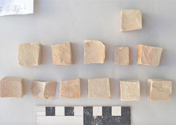 Close-up image of some of the tesserae mosaics discovered in the trough at the House of the Tesserae in 2017. (The Danish-German Jerash Northwest Quarter Project)