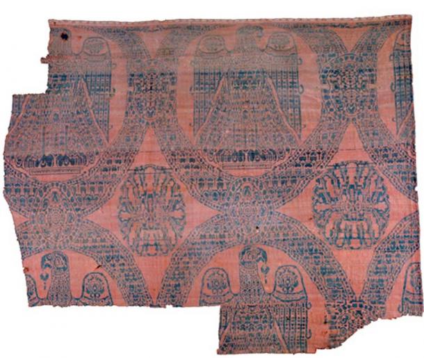 The Eagle Silk blanket textile, woven with a fine weaving technique developed in Persia. The original colors were dark blue, dyed with woad and indigo, and red, dyed with madder and sappanwood. (The National Museum of Denmark)