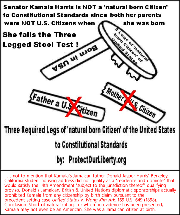Senator Kamala Harris does not appear to be an American citizen. Neither parent was American. . . not to mention that Kamala’s Jamaican father Donald Jasper Harris’ Berkeley, California student housing address did not qualify as a “residence and domicile” that would satisfy the 14th Amendment “subject to the jurisdiction thereof” qualifying proviso. Donald’s Jamaican, British & United Nations diplomatic sponsorships actually prohibited Kamala from any citizenship by birth claim pursuant to the precedent-setting case United States v. Wong Kim Ark, 169 U.S. 649 (1898). Conclusion: Short of naturalization, for which no evidence has been presented, Kamala may not even be an American. She was a Jamaican citizen at birth.