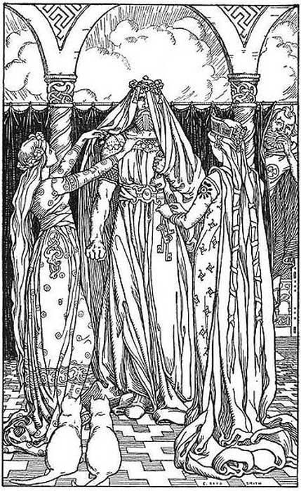 1902 illustration of the god Thor dressed to appear as the goddess Freyja by two maidens, while the god Loki laughs