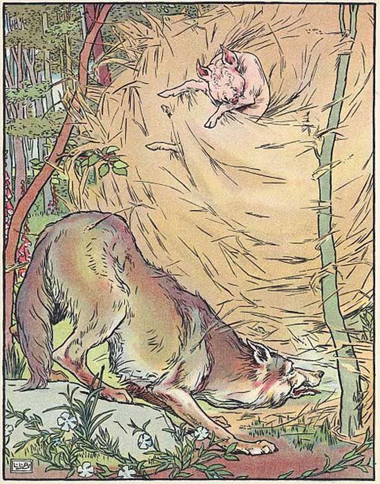 The wolf blows down the straw house in a 1904 adaptation of the fairy tale Three Little Pigs.
