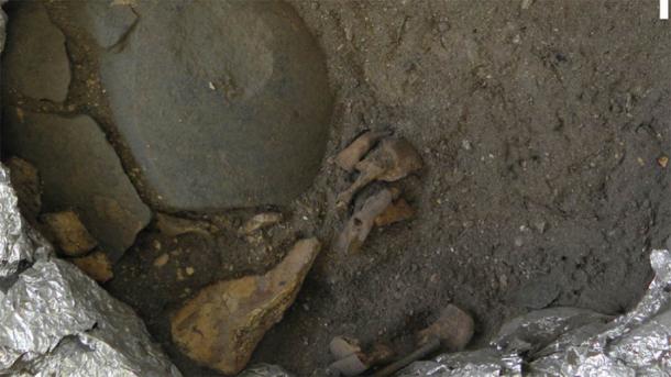 An ochre-colored cobble stone was discovered beneath the head of the child remains discovered in the context of what appears to be a ritual burial. The image shows detail of the cobble located below the fragmented cranial vault. (Tahlia Stewart / ANU)