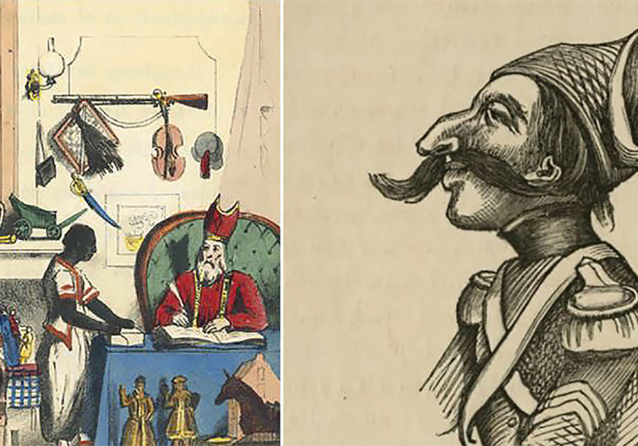 An early depiction of Black Pete, left, by the Dutch author Jan Schenkman in the 1850s, and a caricature of the cowardly Jewish soldier Levie Zadok. (Courtesy of the Amsterdam Jewish Historical Museum)