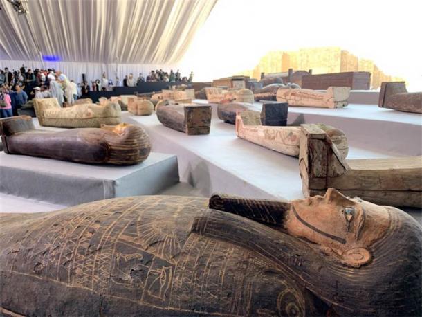 Some of the sarcophagi recently found at the Saqqara necropolis. (Charlene Gubash / NBC News)