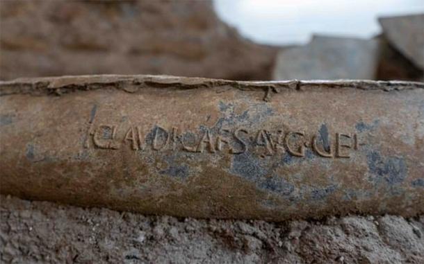 The pipe with Emperor Claudius’s name on it found in the gardens of the Caligula palace in central Rome. (Soprintendenza Speciale di Roma)