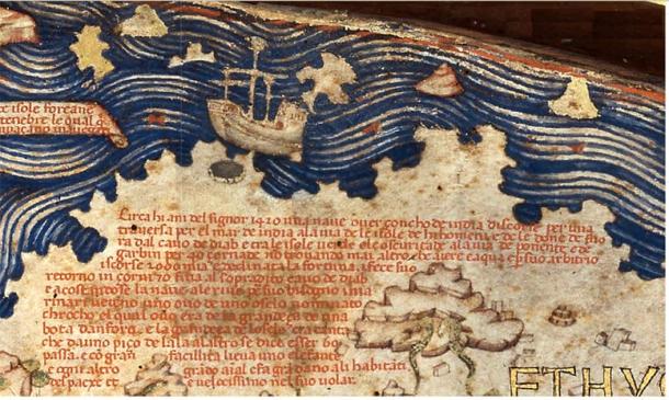 Detail of the Fra Mauro map relating the travels of a junk into the Atlantic Ocean in 1420. The ship also is illustrated above the text. (Public Domain)