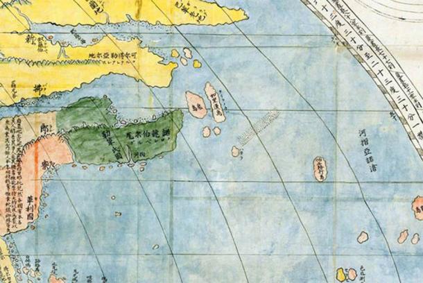 Portion of Kunyu Wanguo Quantu map showing Newfoundland Island. The four ancient Chinese characters on the representation of Newfoundland Island read “Island like a Chinese Garden.' (Public Domain)