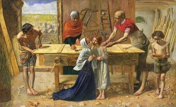 Idealized depiction by John Everett Millais of Jesus Christ in his childhood home in the workshop of his father Joseph. (Public domain)