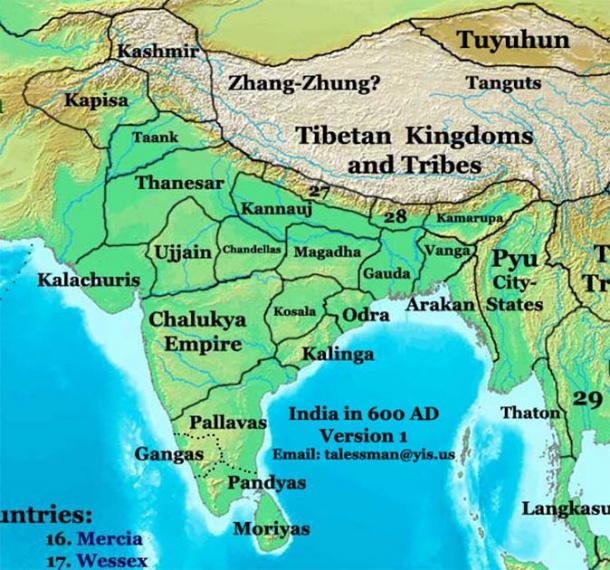India in the 7th century AD was divided into many "empires and dynasties" and the Pallavas were only one of them. (Talessman at English Wikipedia / CC BY 3.0)