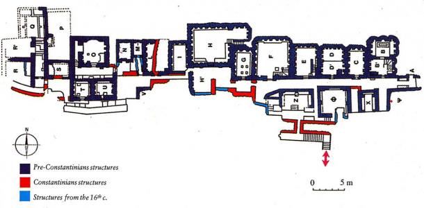 Mausoleums in the Vatican necropolis with temporal classification of the buildings, with the P area shown in the upper left. (Mogadir / CC BY 3.0)