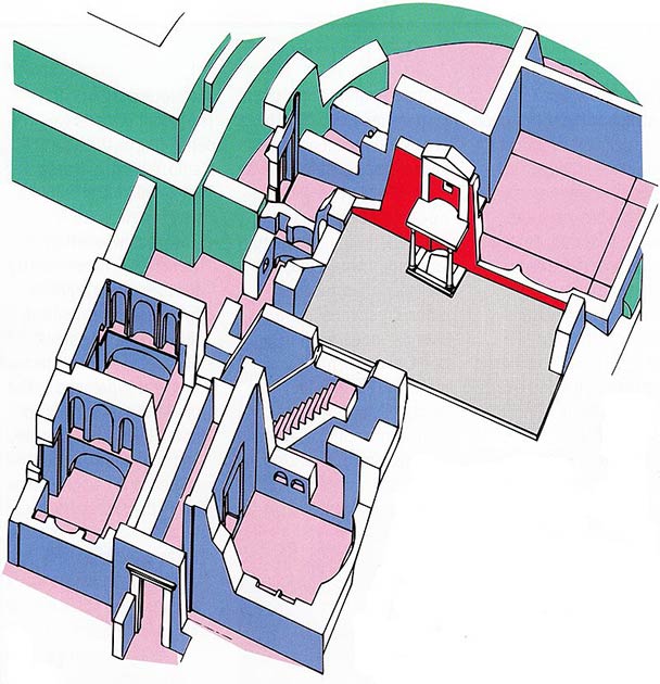 A reconstruction of the area around the “tomb” of the apostle Peter in St. Peter's Basilica: The "Trophy of Gaius" and the Red Wall (red); Pre-Constantinian tombs (blue); Field P (grey); the apse of the old basilica (green). (Mogadir / CC BY 3.0)