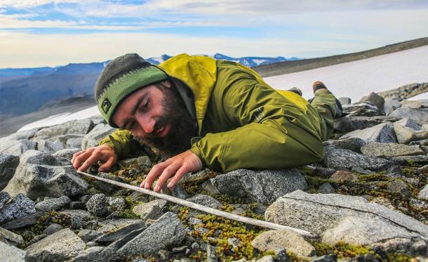 A researcher examines an ancient wooden arrow shaft that emerged from the Langfonne ice patch in Norway. (Glacier Archaeology Program, Innlandet County Council)
