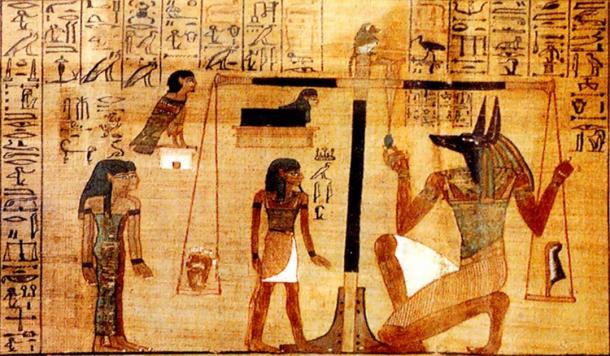 The weighing of the deceased’s heart against Maat's feather on a scale from Chapter 25 (detail) of the Egyptian Book of the Dead. (Public domain)