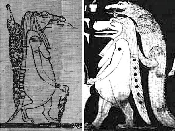 Left, Sobek as crocodile and Taweret as hippopotamus from the Book of the Faiyum and, right, the crocodile and hippo sky figure as seen in the tomb of Seti I, the latter representing the stars of Draco, Ursa Minor and perhaps Ursa Major. Credit: Andrew Collins.