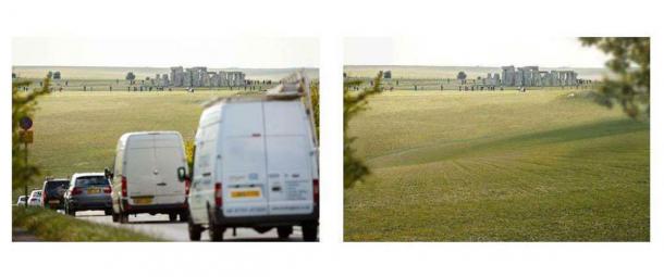 According to English Heritage’s A303 tunnel project webpage this image shows the traffic problems now at Stonehenge (on the left) and what the same location would look like after the tunnel is finished (on the right). (English Heritage)
