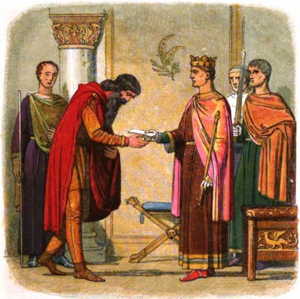 Diarmaid mac Murchadha of Ireland fled to England to beg King Henry II to help him recover his throne. Unable to aid him, Henry II granted him permission to raise forces in England to help his cause. (Public domain)