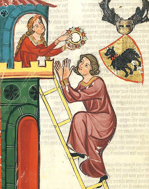 Depiction of count Kraft II of Toggenburg, climbing a tower to visit his lady, from the Codex Manesse. (Public domain)