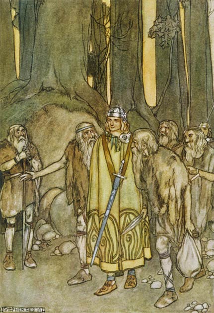 Fionn mac Cumhaill meets his father's old retainers in the forests of Connacht; illustration by Stephen Reid. (Public Domain)