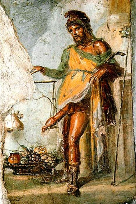 Fresco of Priapus, Casa dei Vettii, Pompeii. Depicted weighing his enormous erect penis against a bag of gold.