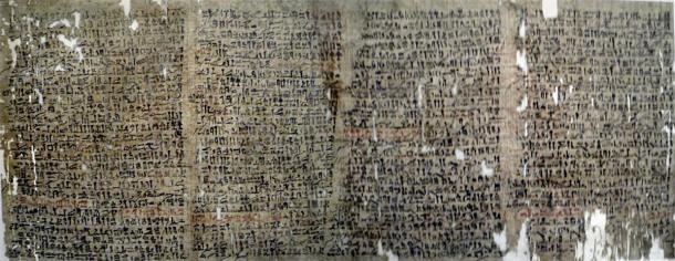 Merged photos depicting a copy of the ancient Egyptian papyrus commonly known as "The Westcar Papyrus," written in hieratic text. (Keith Schengili-Roberts / CC BY-SA 3.0)