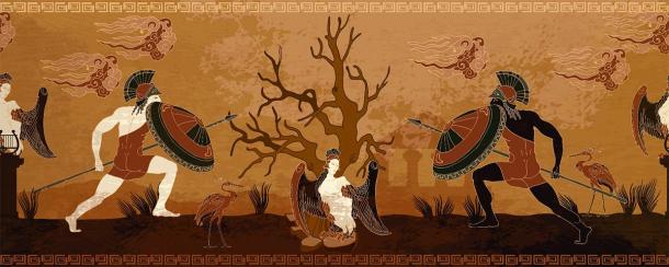 A stylized ancient Greece battle scene between Spartan and Athenian warriors from a Greek vase painting. (Matrioshka / Adobe Stock)
