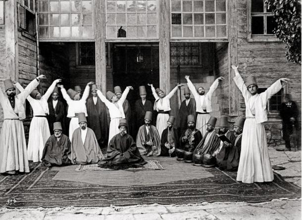 Whirling dervishes in Galata Mawlawi House (Ottoman Empire), 1870. 