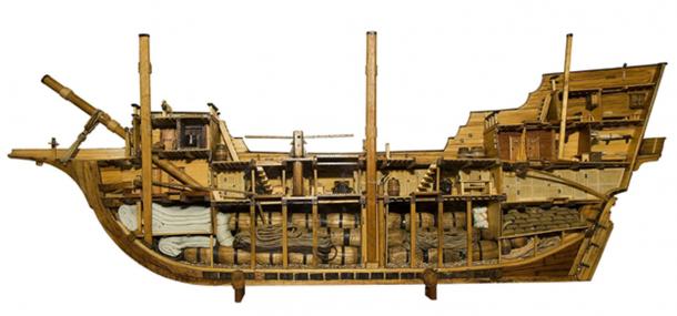 Model of a typical merchantman of the period, showing the cramped conditions that had to be endured. 